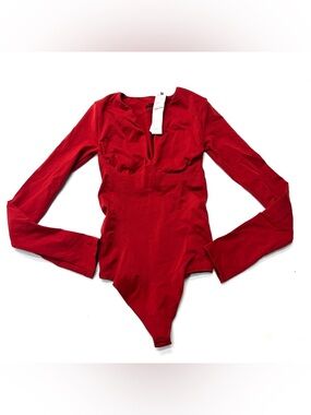 Yitty by Lizzo Fabletics Red Long-Sleeve V-Neck Bodysuit Stretch Thong Shapewear